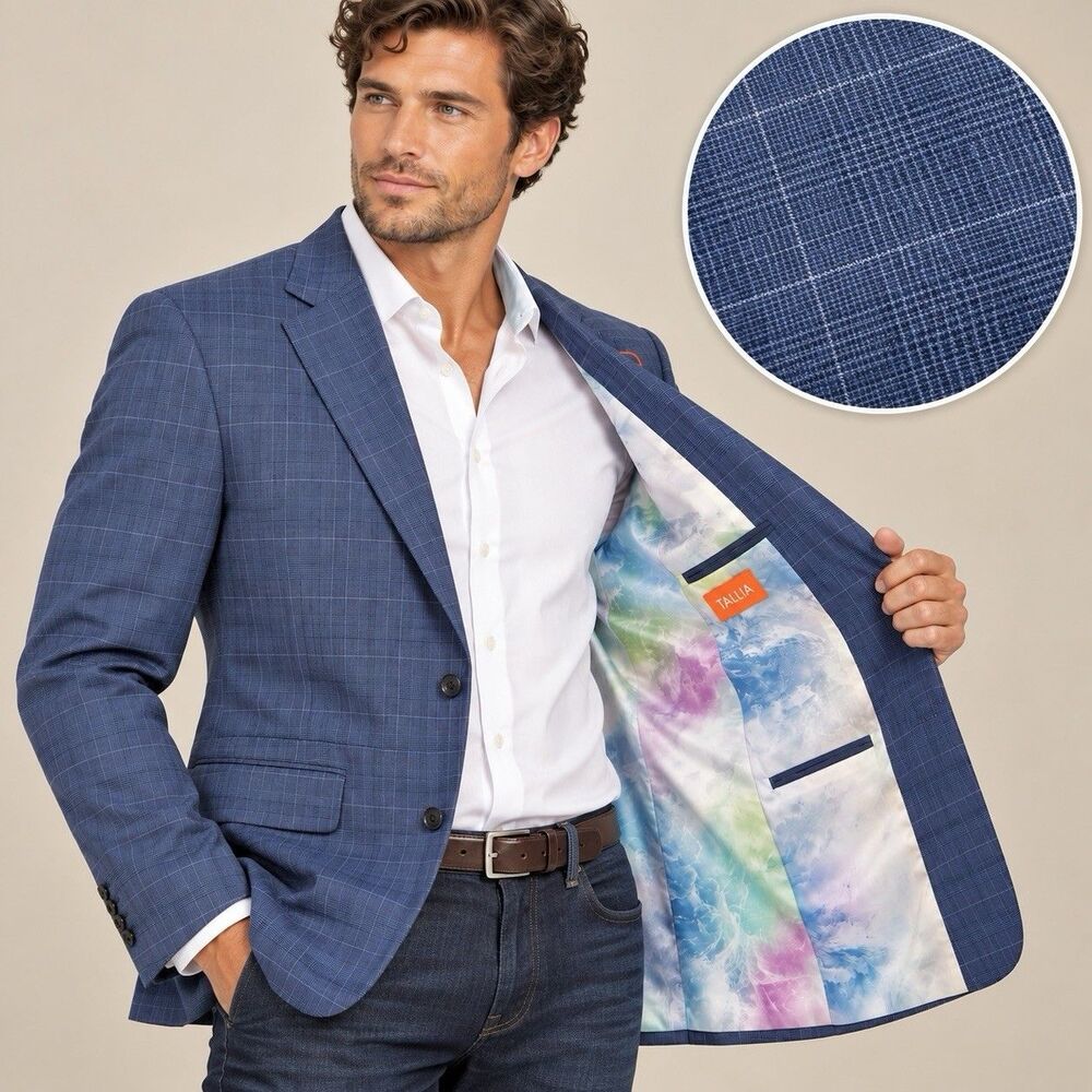 Tallia Mens 44L Blue Plaid Wool Sport Coat Blazer Natural Stretch NWT $425